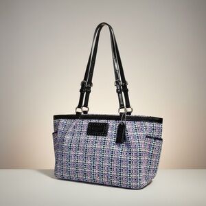 Coach Tweed Plaid Tote F17699 Black Patent Trim Satchel